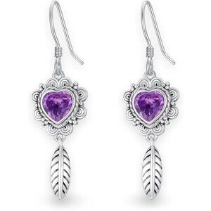Natural Amethyst Heart Dangle Earrings 925 Sterling Silver NWT